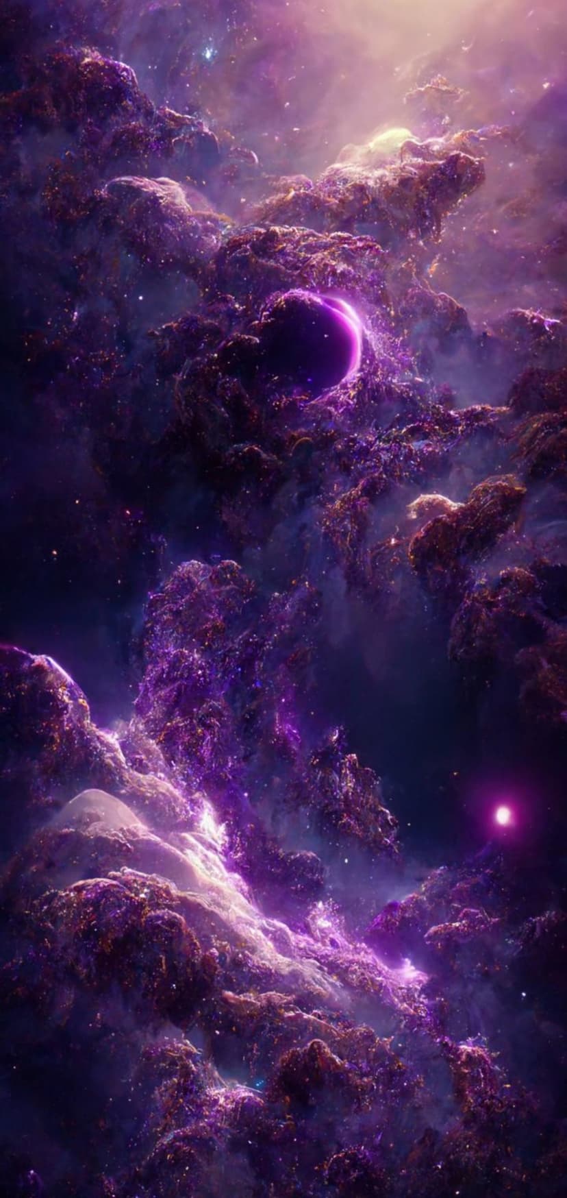 Ringed planet suspended in a glowing purple nebula surrounded by sparkling stardust and distant star clusters.