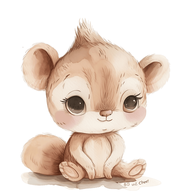 Squirrel watercolor character with large pupils and a thick bushy tail rendered in soft brown earth tones.