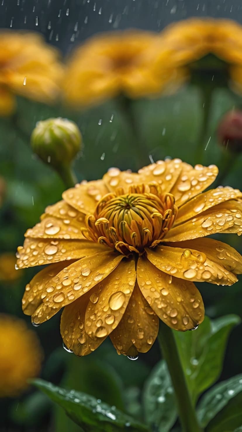 Yellow Zinnia flower petals glistening with translucent water droplets against a blurred garden background.