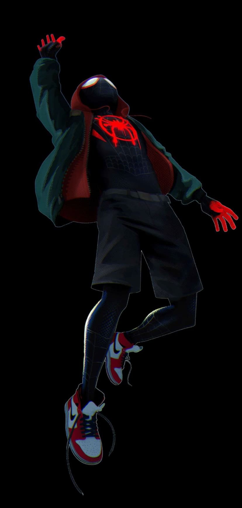 Miles Morales leaps through darkness wearing a green hoodie and sneakers in this vertical superhero background.