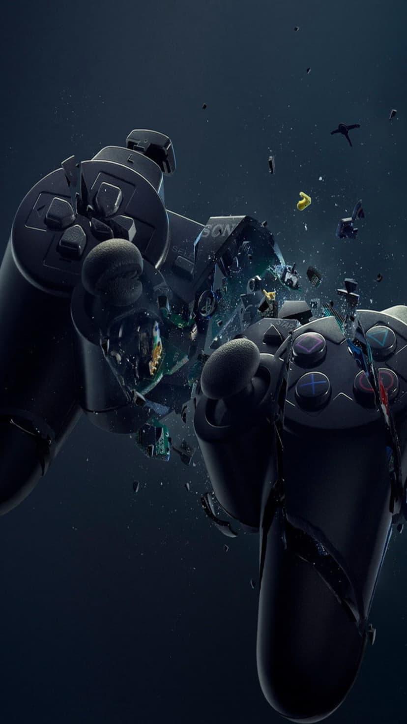 PlayStation controller explodes into sharp shards and mechanical buttons against a dark atmospheric backdrop.