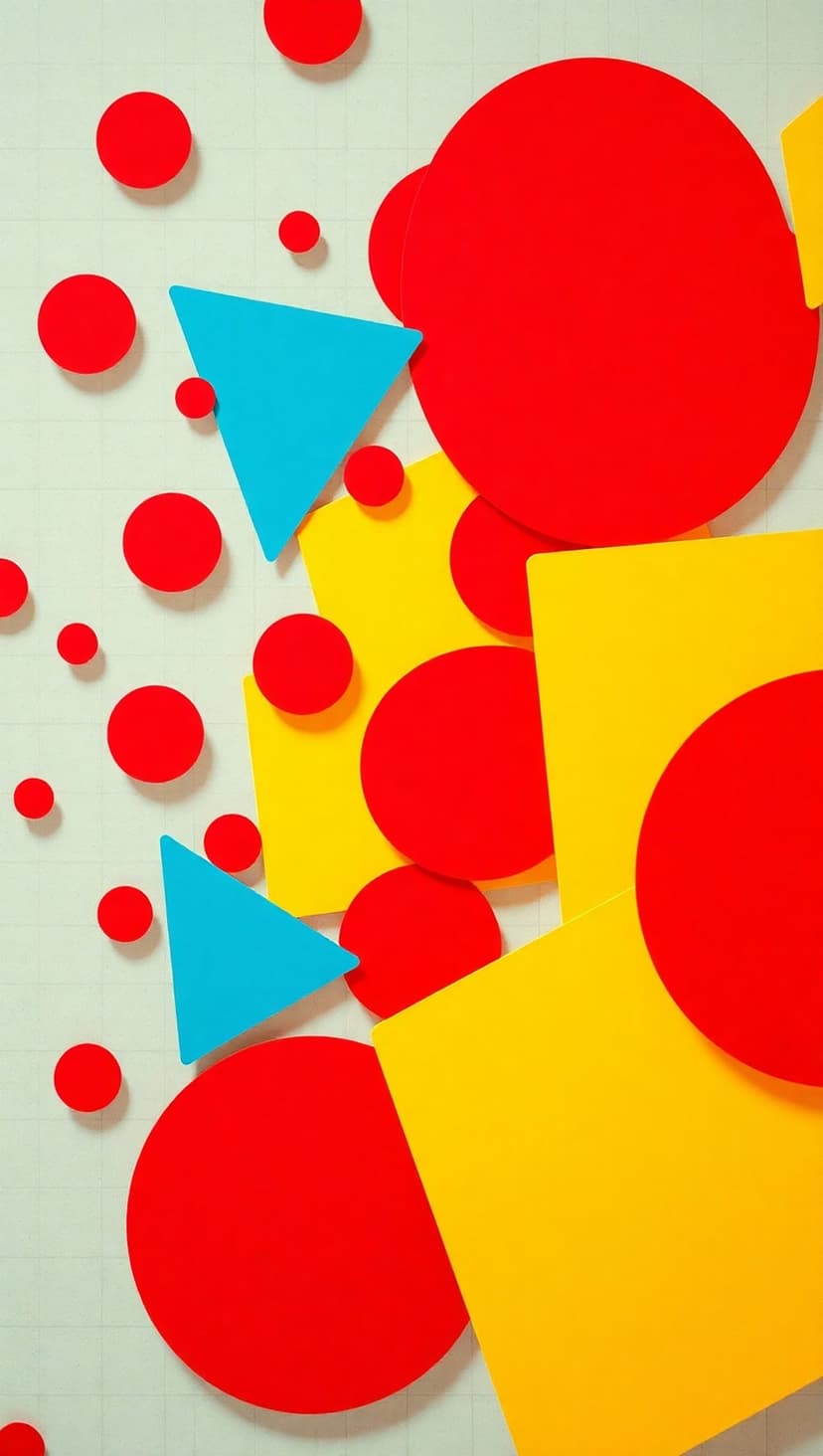 Red circles, blue triangles, and yellow squares overlap in a minimalist, high-contrast geometric arrangement.