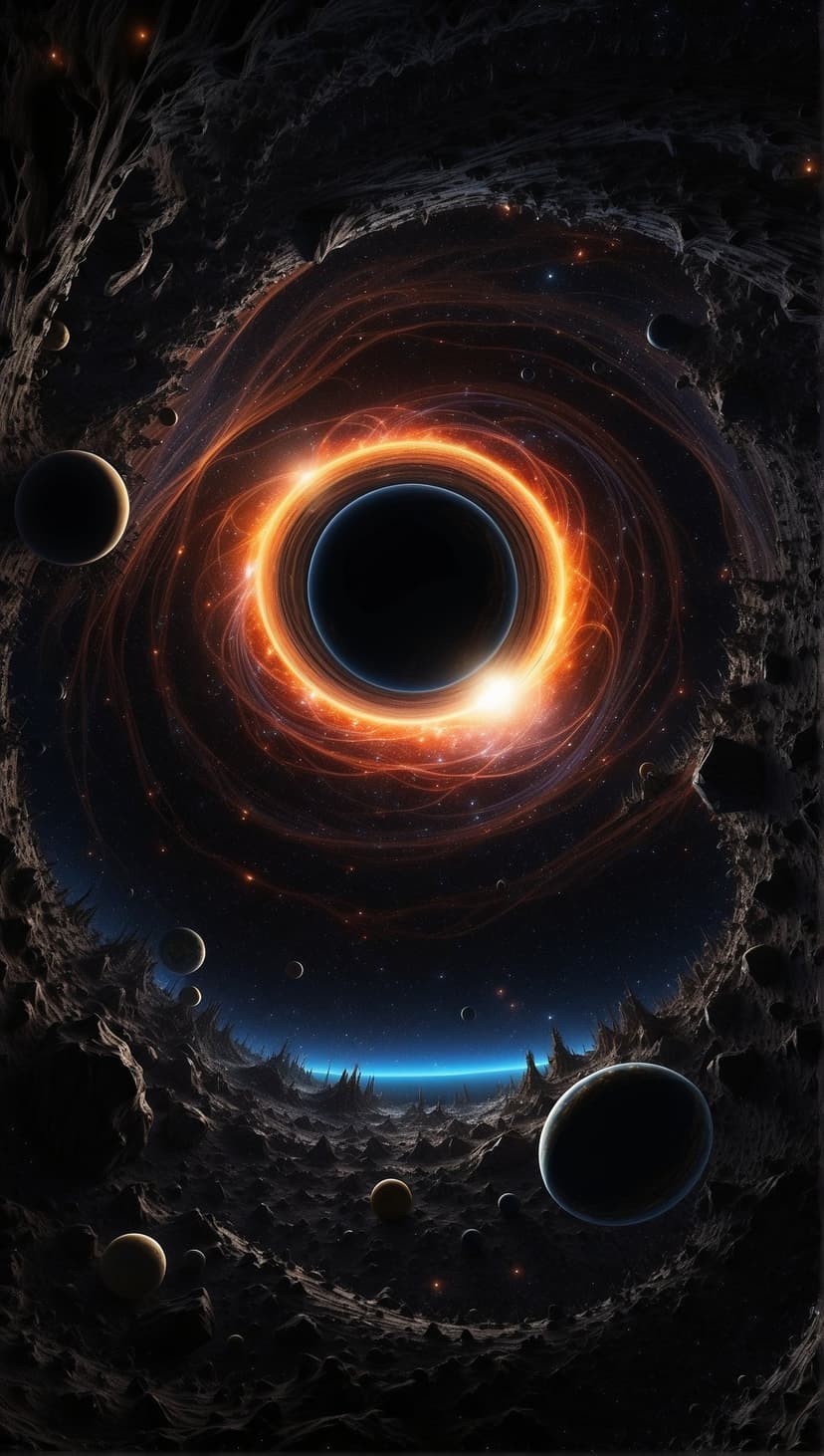 Glowing orange black hole vortex overlooks jagged dark rocks and orbiting planets in a deep blue nebula.