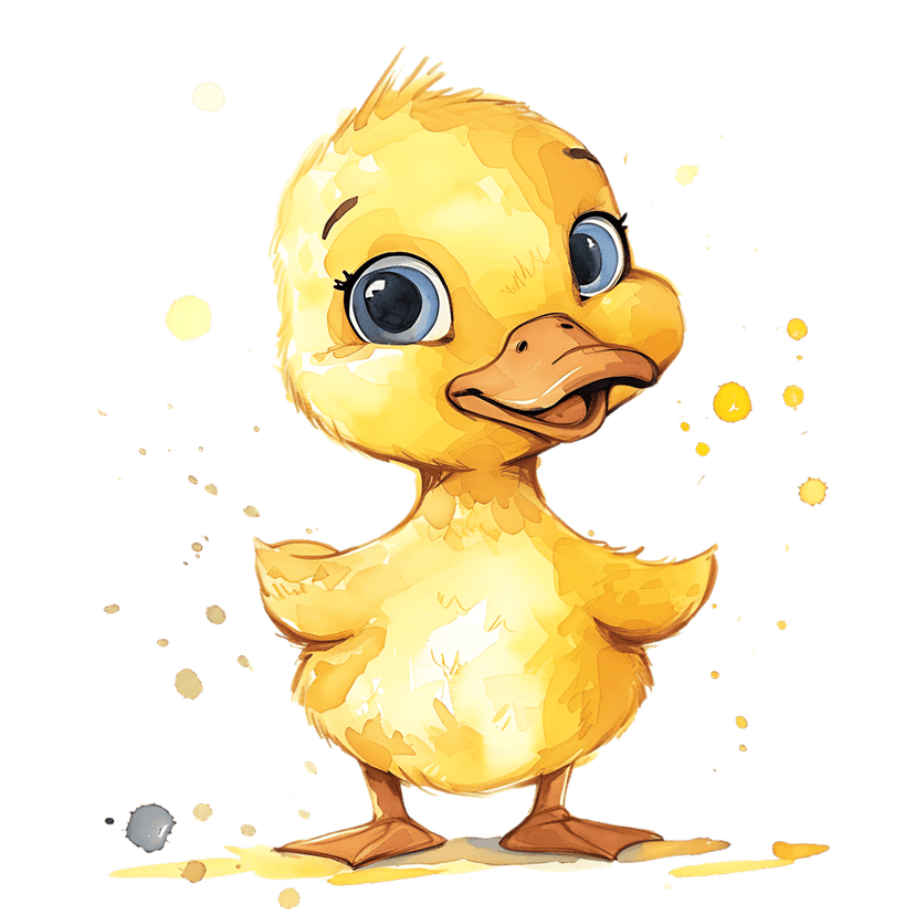 Yellow duckling bird watercolor painting features blue eyes and orange beak with surrounding colorful paint splashes.