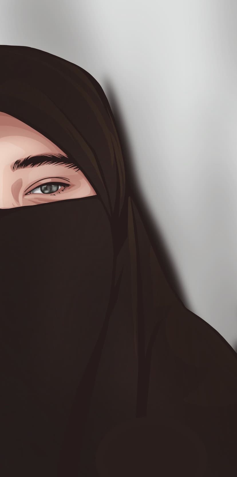 Woman's blue eye peeking through dark brown niqab fabric with detailed eyelashes and soft fabric textures.