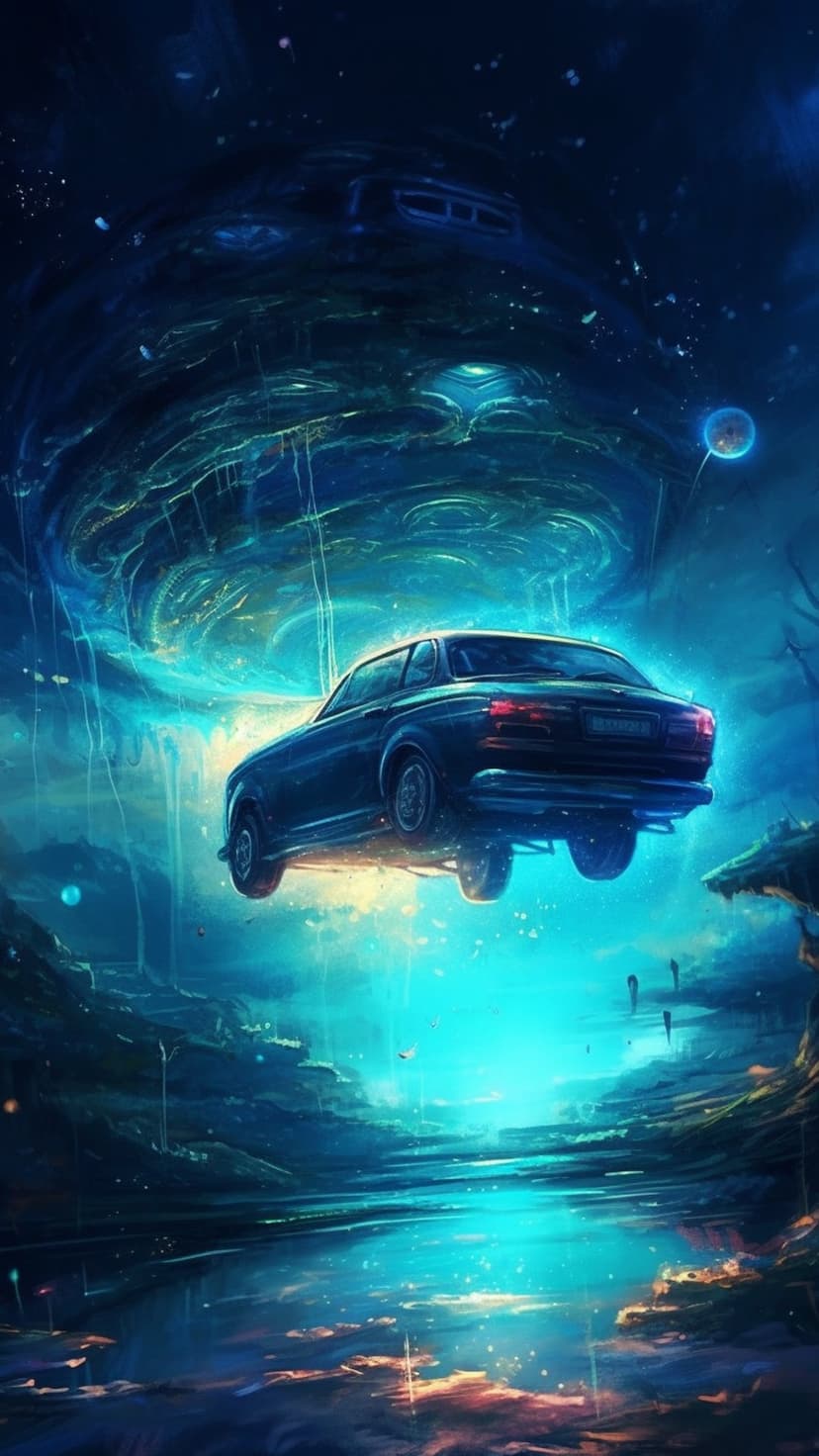 Vintage sedan levitates amidst a swirling blue energy vortex with glowing streaks of celestial light.