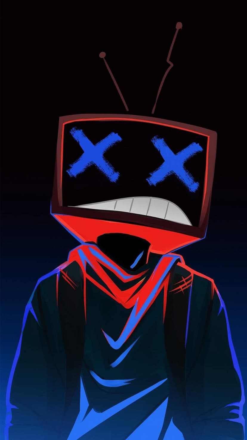 TV head figure with glowing blue X eyes and a white mouth wearing a dark hoodie against a shadowed background.