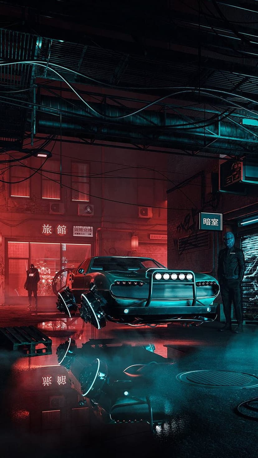 Futuristic car with blue lights parked on a wet street next to a masked figure under red and blue neon signs.