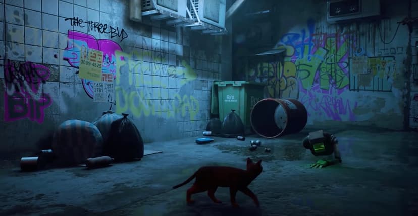 Ginger cat walking in a dark cyberpunk alley with graffiti, trash bags, and a glowing robot head on the floor.