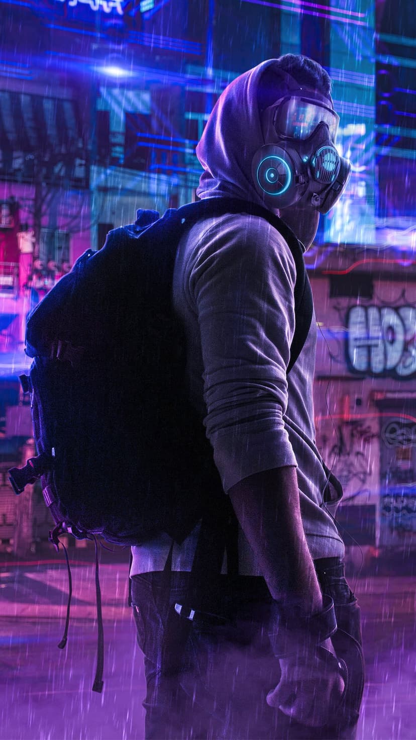 Hooded character in a respirator stands on a wet urban street with vibrant blue and purple neon city lights.