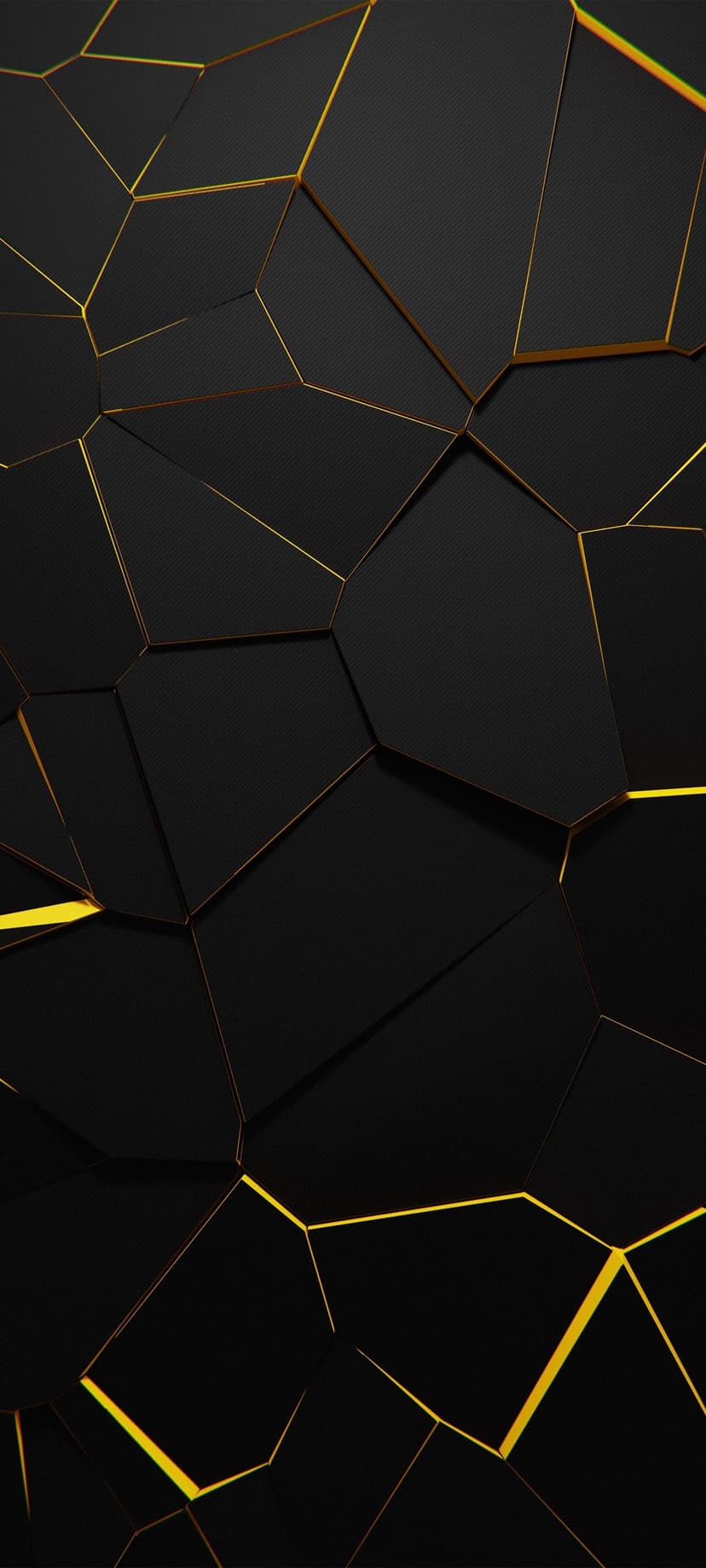 Sharp geometric cracks outlined in glowing gold transition across a textured black and charcoal surface.