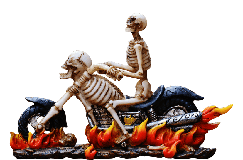 Two skeletons ride a custom motorcycle with orange flames erupting from the exhaust pipes and chrome base.