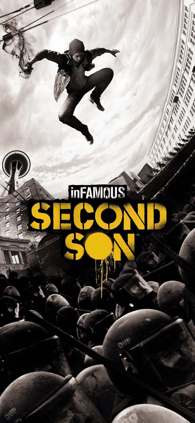 Delsin Rowe jumping over DUP riot police in a monochrome Seattle city scene with a yellow game logo.