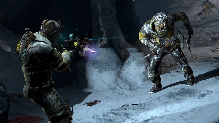 Isaac Clarke in a space suit aims a glowing laser weapon at a zombie-like creature in a dark snowy cave.