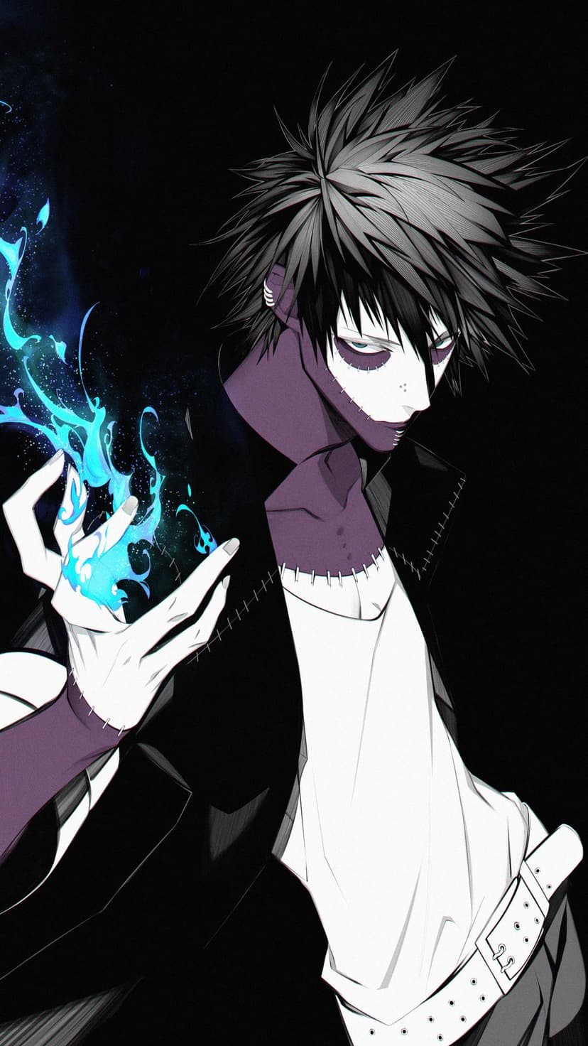 Dabi with white hair and stitched purple skin holds turquoise flames in his hand against a black background.