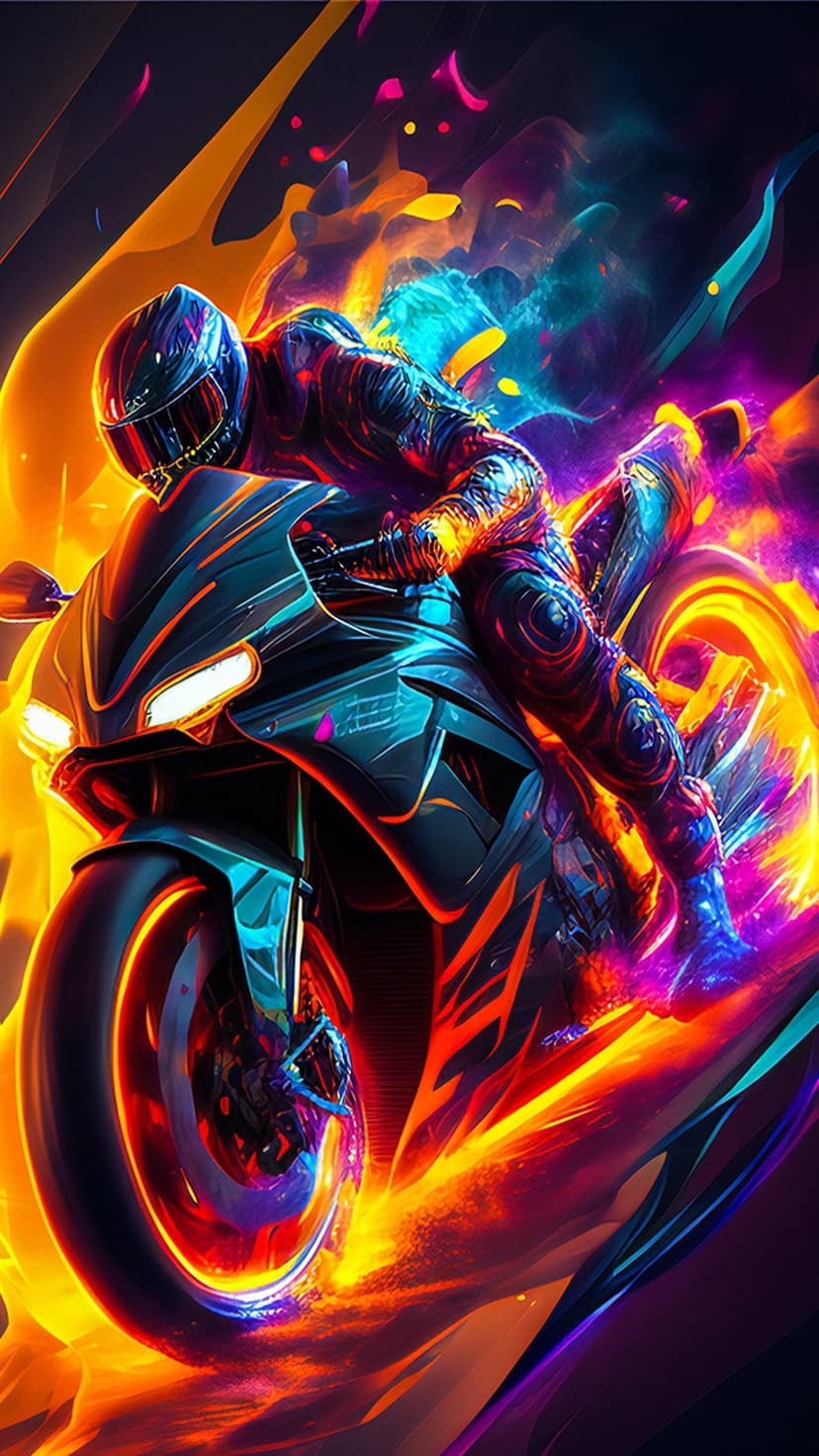 Motorcycle rider in full racing gear leans forward amidst glowing neon blue streaks and abstract orange flames.