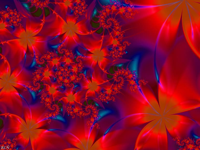 Red and blue fractal flowers swirl in a dense geometric spiral with intricate glowing petal patterns.