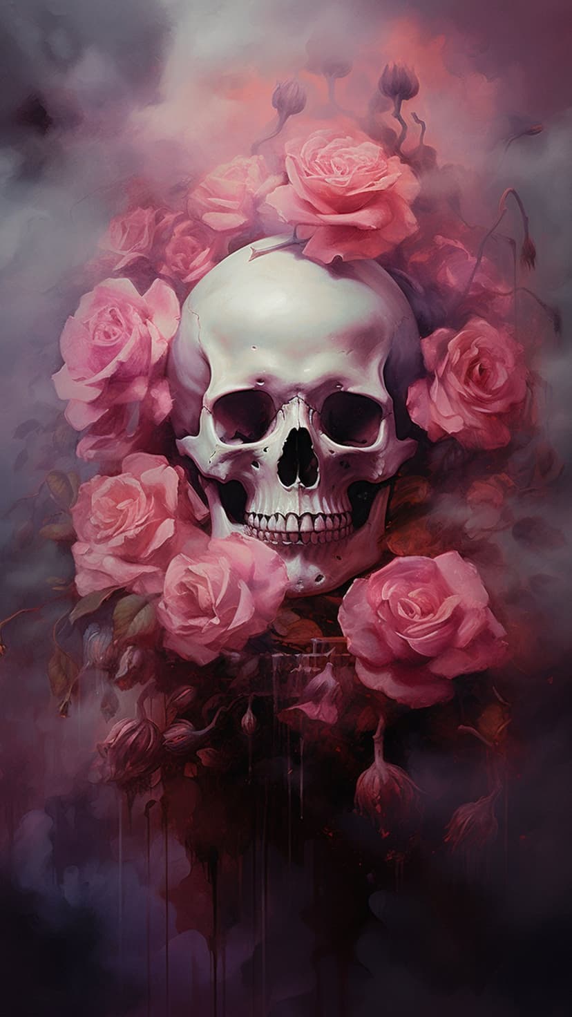 Human skull surrounded by soft pink rose blossoms and curling white smoke against a dark, shadowy background.