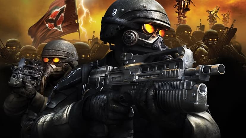 Helghast soldiers with glowing orange eyes hold rifles under a golden sky with lightning and a red flag.