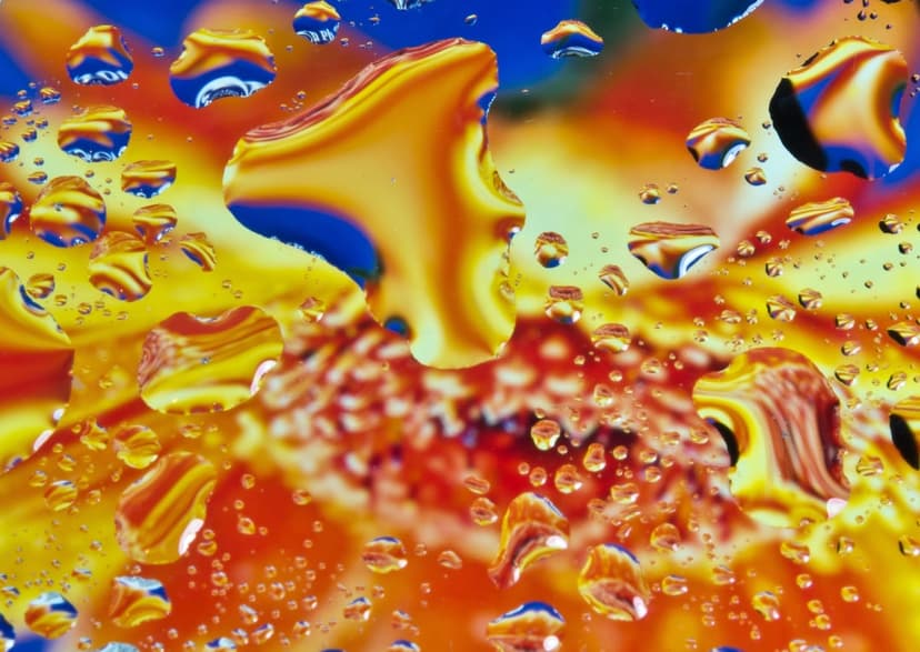 Spherical water beads cling to a vibrant orange petal, showing distorted reflections of yellow and blue light.