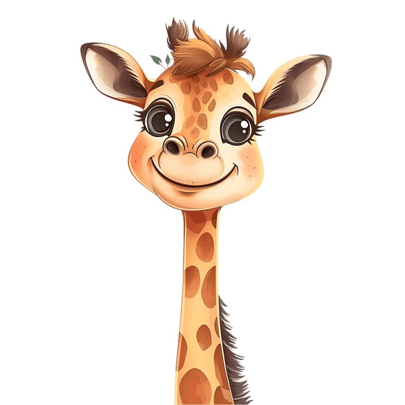 Giraffe cartoon character illustration featuring large eyes, brown spots, and a green leaf atop its head.