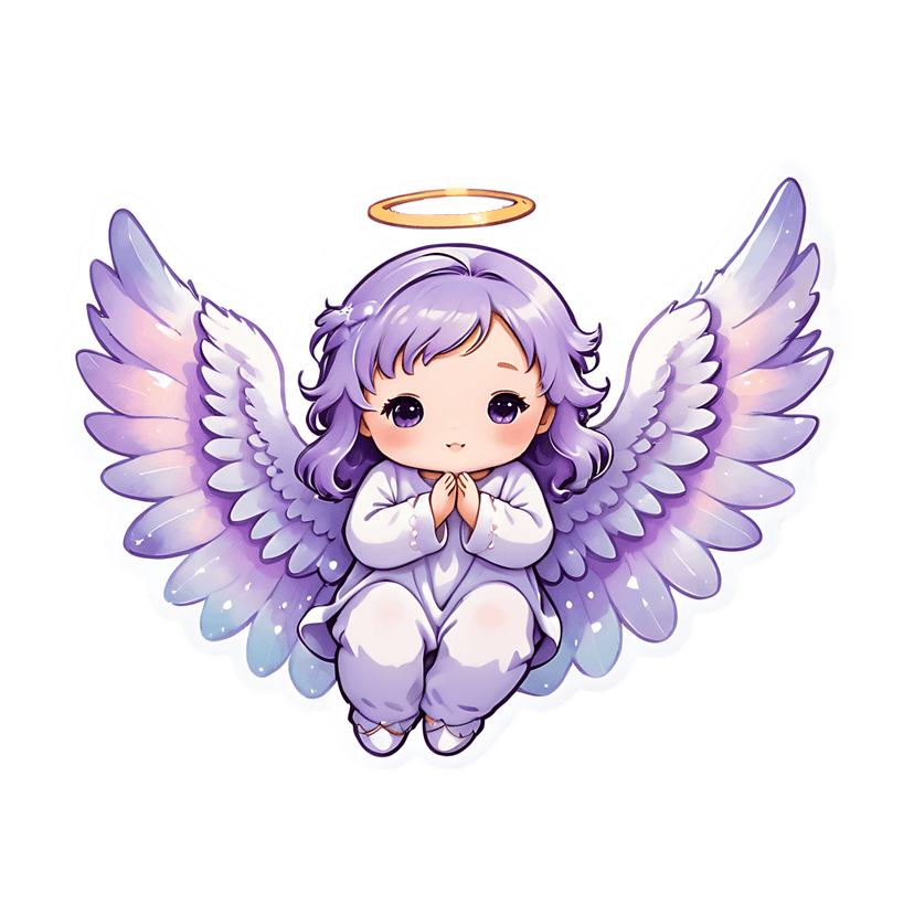 Chibi angel sticker with purple curly hair and iridescent wings praying in a white robe with a golden halo.