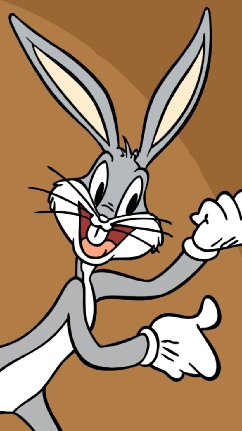 Bugs Bunny stands with open arms and a wide grin against a solid brown background in a vertical layout.
