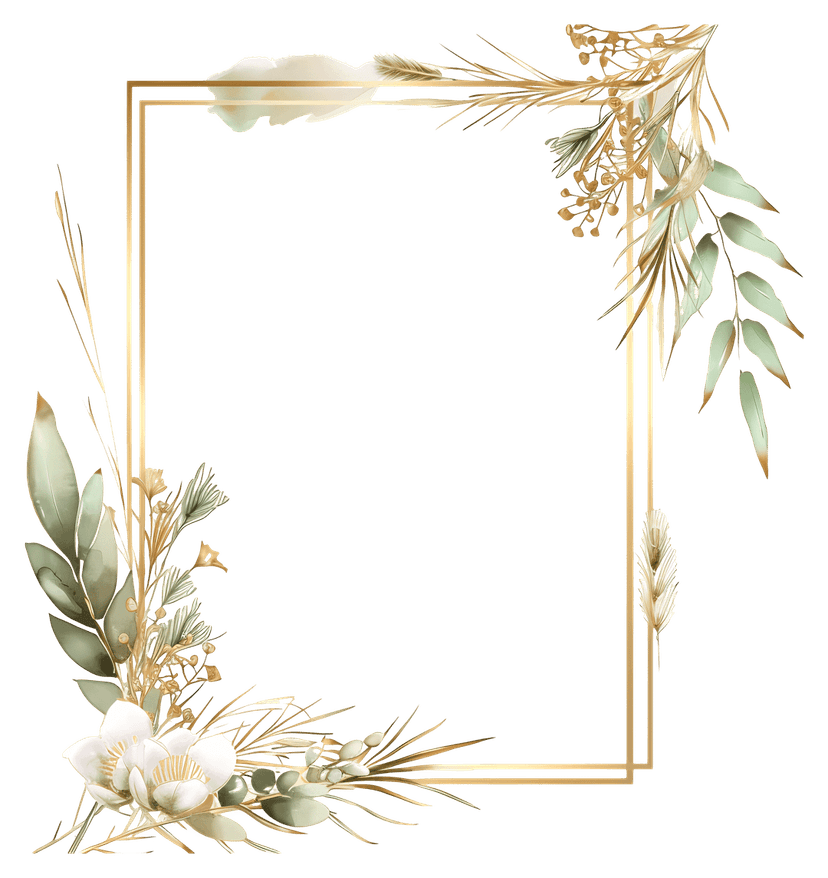 Botanical gold leaf border featuring hand-painted flowers and green leaves arranged in a symmetrical frame.