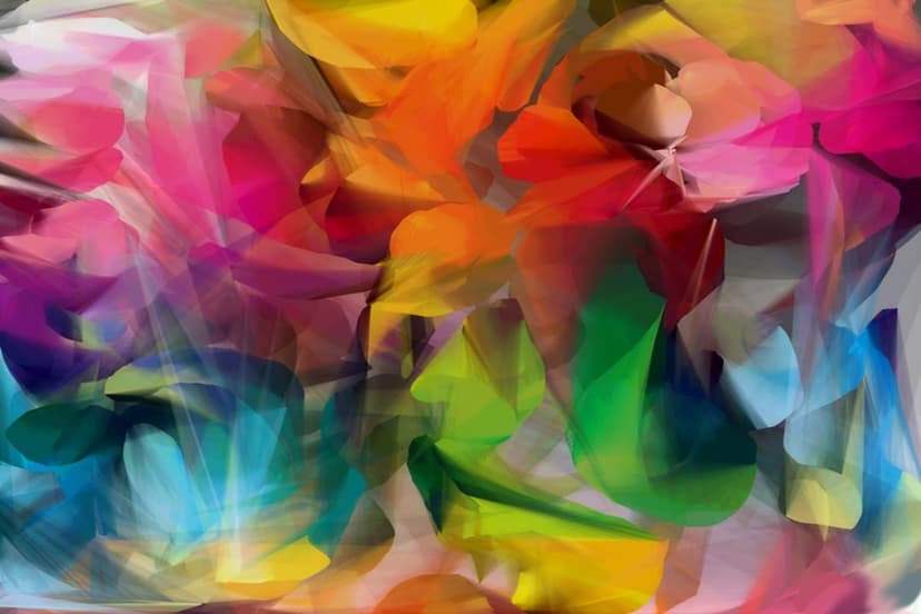 Bright rainbow swirls of thick paint form an energetic floral pattern with vivid pink and neon blue textures.