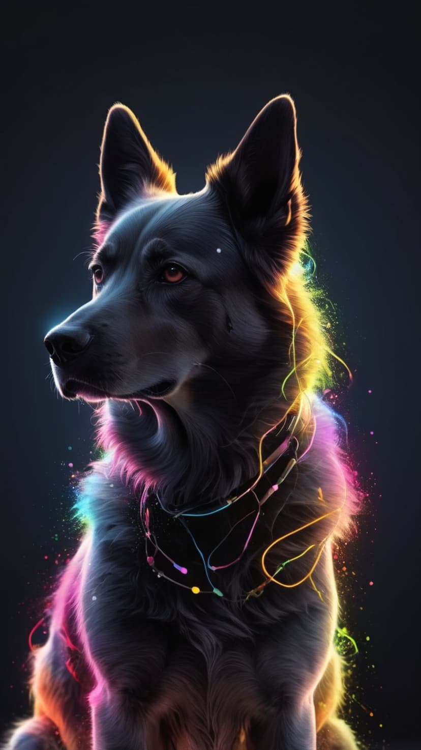 German Shepherd with perked ears and red eyes features glowing neon lights and colorful sparkles on dark fur.