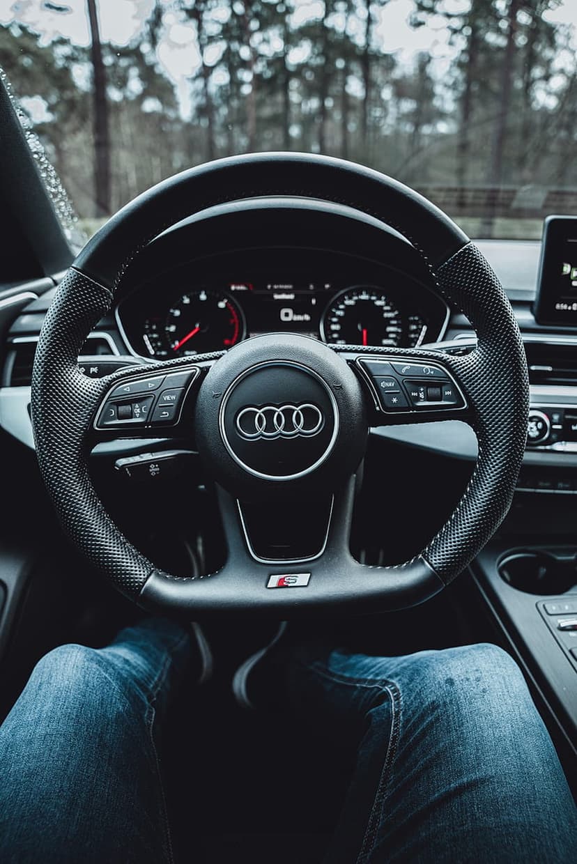 Audi steering wheel with S badge and silver rings seen from the driver's seat with legs in blue denim jeans.