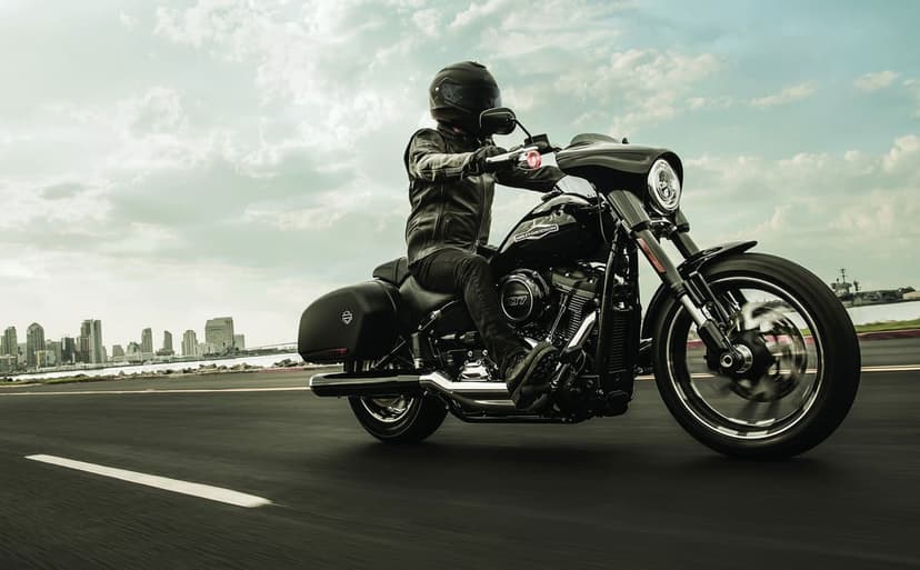 Black Harley-Davidson cruiser motorcycle in motion on a coastal road with a city skyline under a cloudy sky.