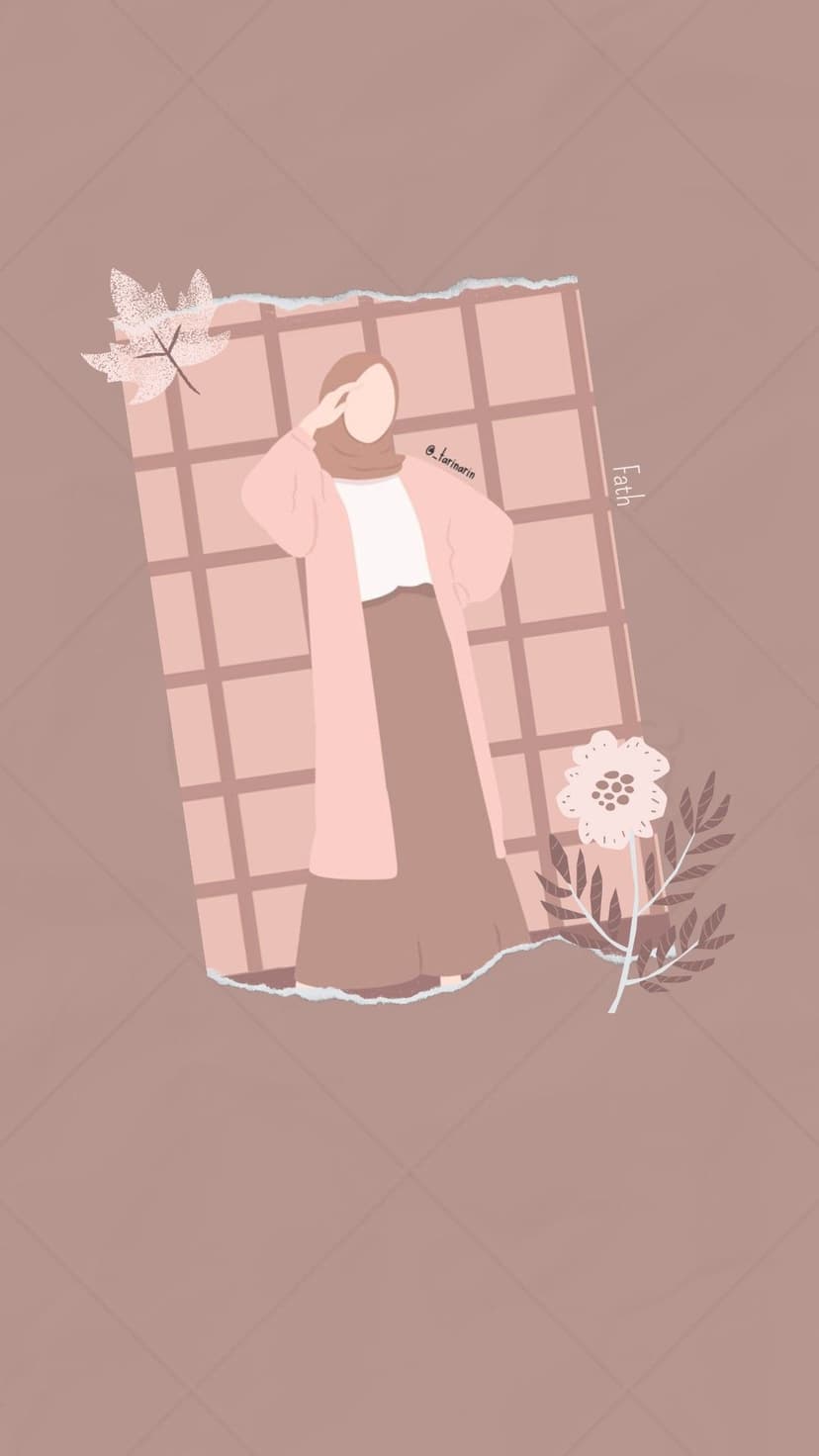 Hijab-wearing woman in a pink cardigan and brown skirt stands with floral elements against a textured grid.