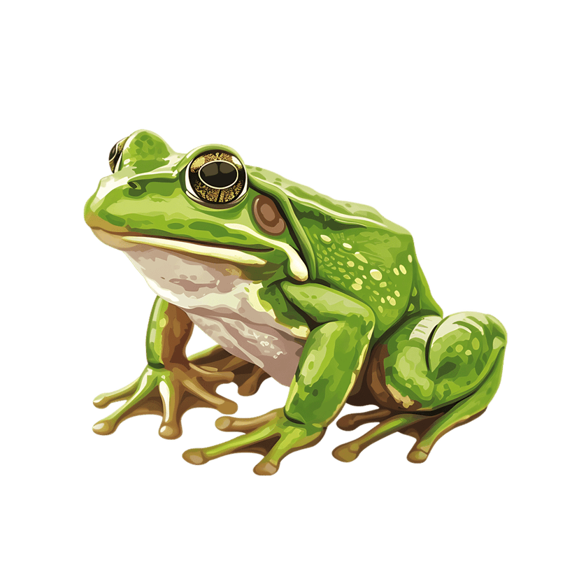Green tree frog digital illustration shows a speckled amphibian with golden eyes sitting on a black background.