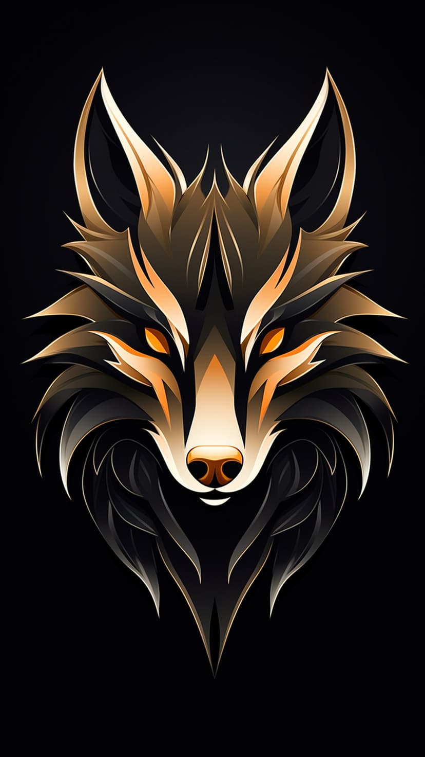 Wolf head with glowing orange eyes and stylized black fur featuring sharp angular lines and metallic highlights.