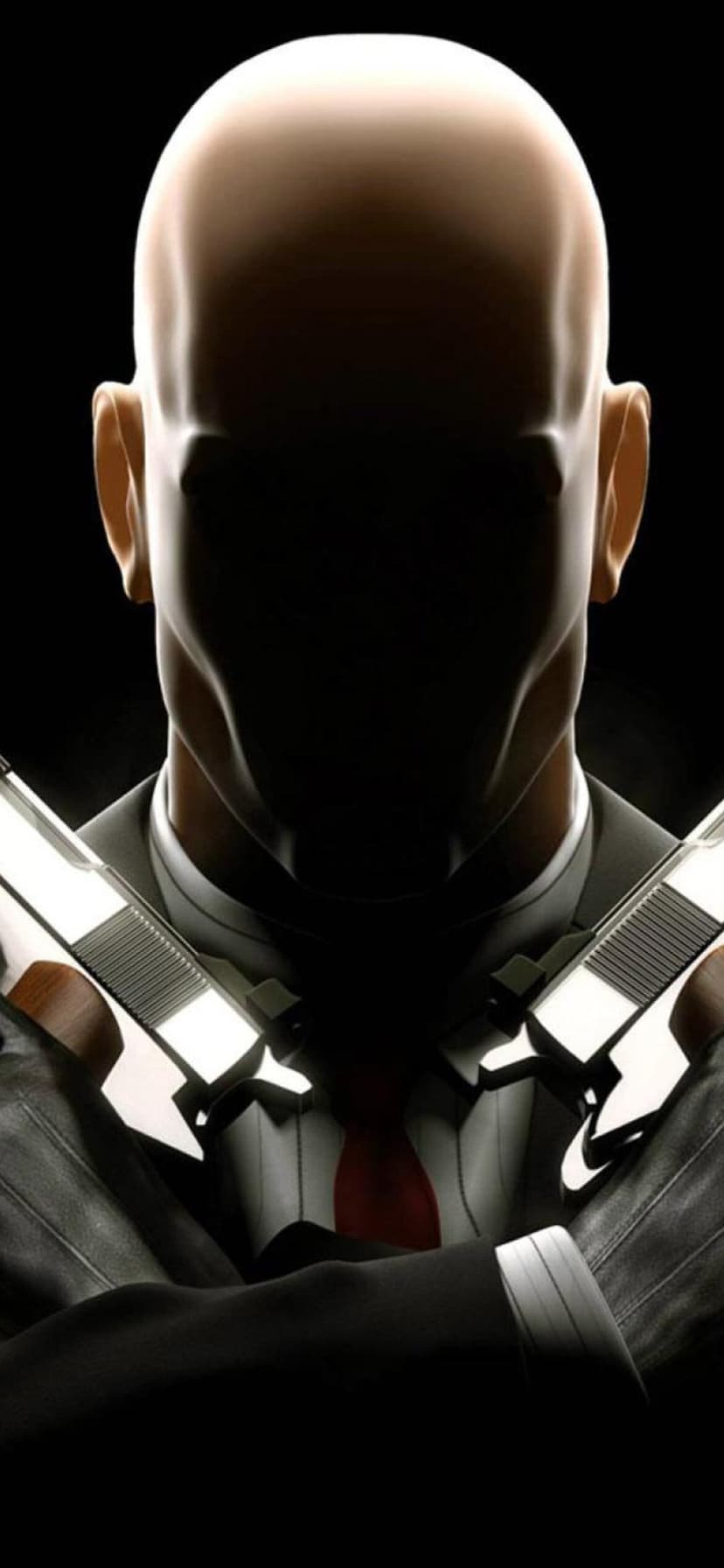Agent 47 silhouette with crossed arms holding silver pistols against a dark background with rim lighting.
