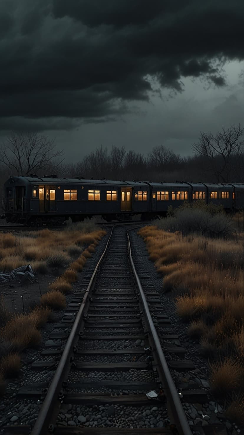 Vintage train with glowing windows sits on curved tracks beneath massive dark storm clouds and autumn grass.