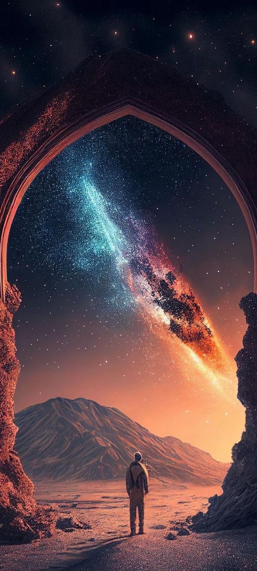 Silhouette of a person standing before a stone archway framing a colorful galaxy against a dark starry sky.