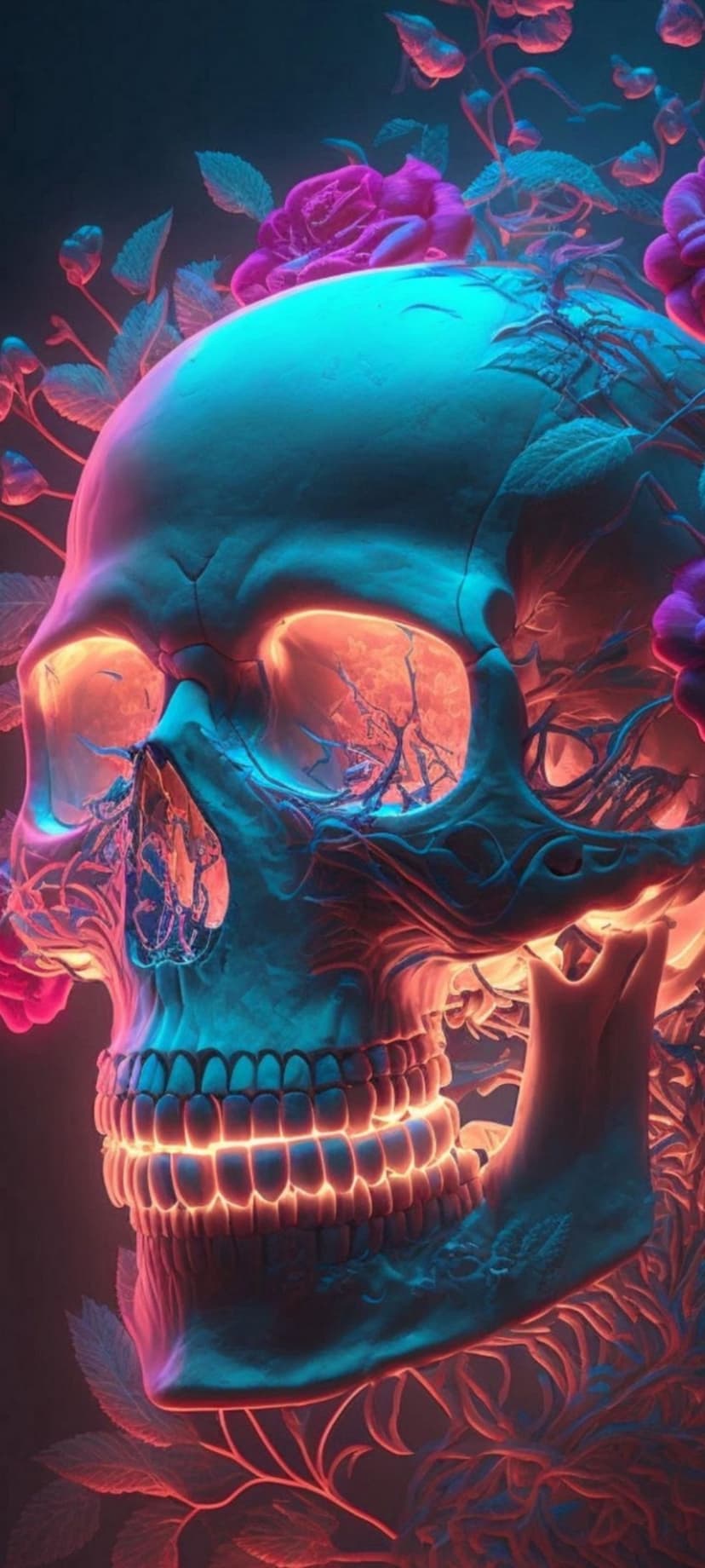 Neon skull with glowing pink roses and orange light emitting from eye sockets against a dark mystical background.