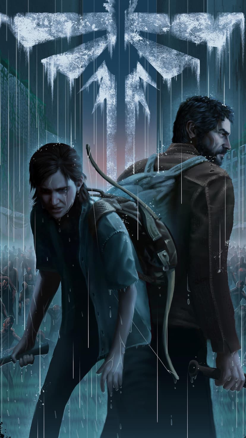 Ellie and Joel stand back-to-back in heavy rain under a large Firefly logo with silhouettes of infected.