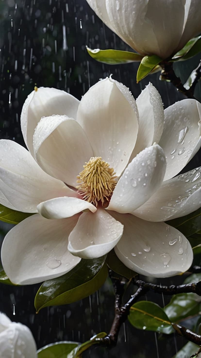 White magnolia flower with translucent water droplets on its petals against a dark, out-of-focus background.