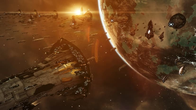 Massive golden starships in formation orbiting a brown and green planet under a bright, glowing orange sun.