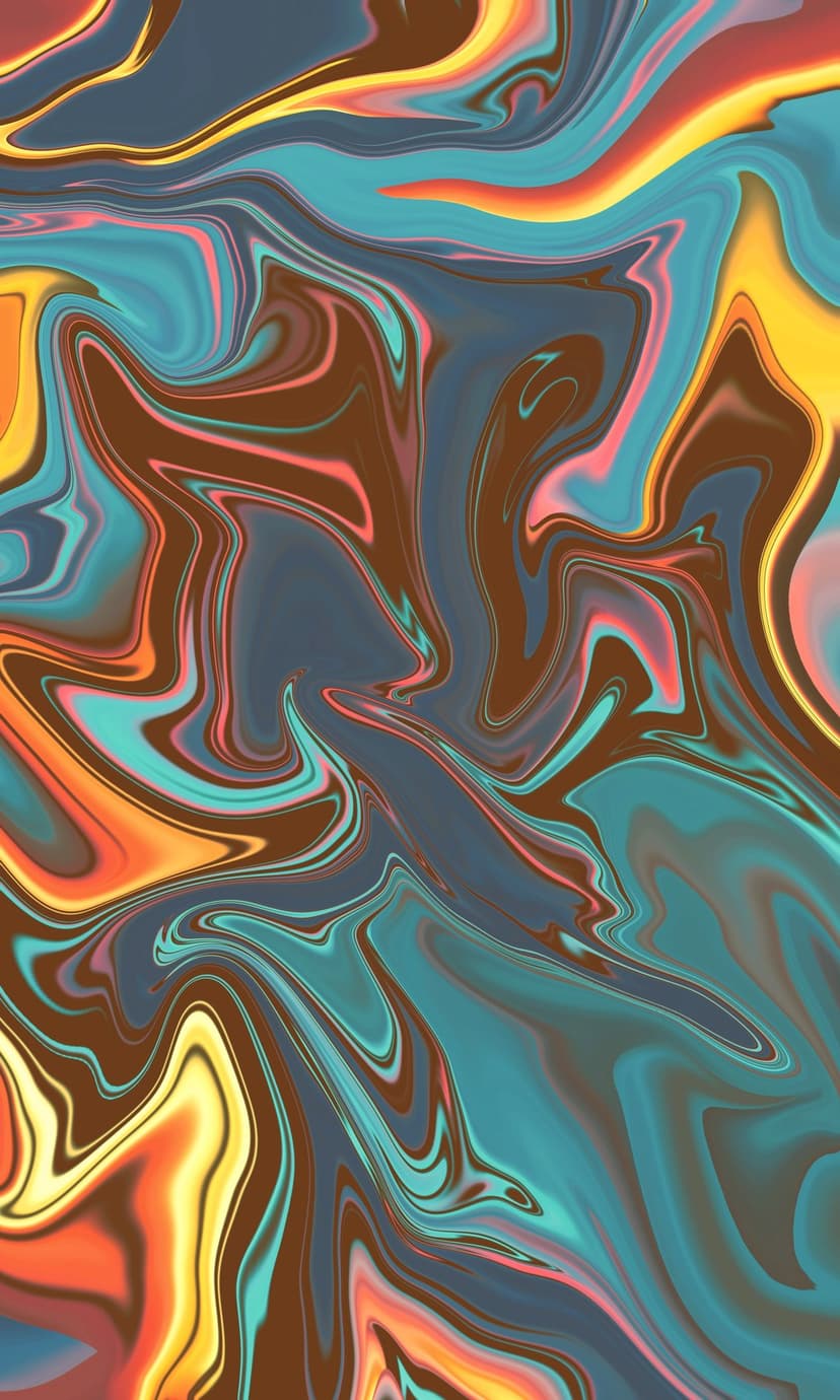 Swirling patterns of teal and orange liquid marble flow in organic curves with dark brown and yellow accents.