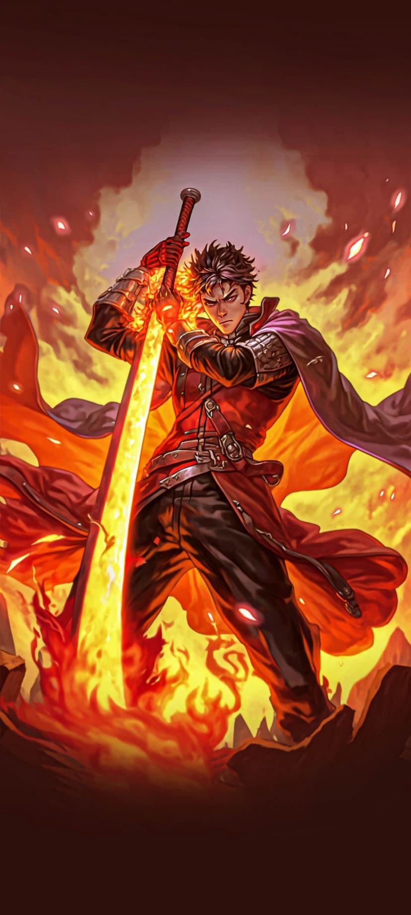 Warrior in red armor grips a flaming sword amidst swirling orange fire, smoke, and a flowing purple cape.