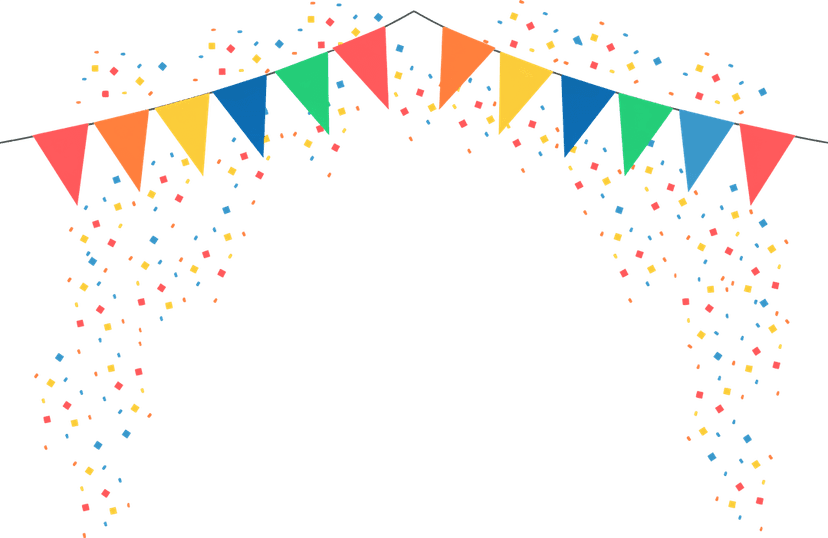Colorful triangular bunting flags hang above scattered multi-color confetti pieces on a transparent background.