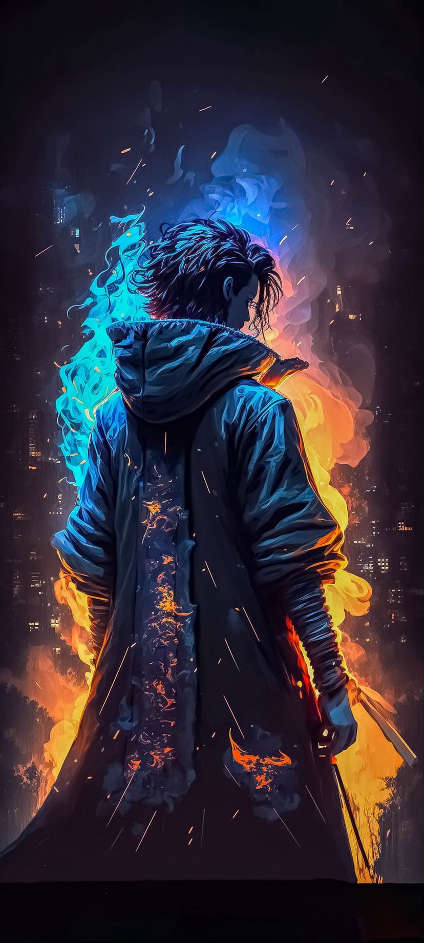 Hooded figure enveloped in swirling orange and blue fire stands before a dark urban skyline at night.