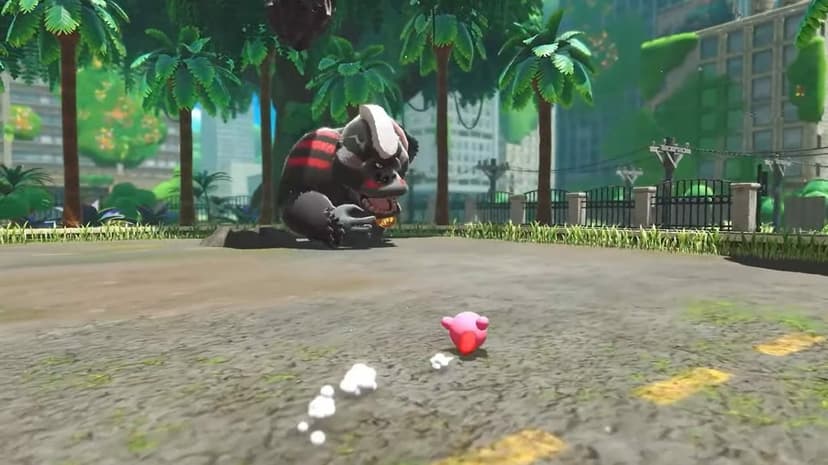 Kirby runs toward a giant gorilla boss on a sunlit city street overgrown with green vines and palm trees.