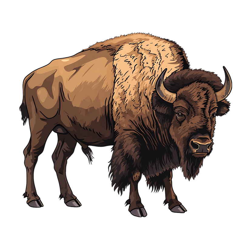 American Bison profile illustration with shaggy mane and curved horns against a solid black background.