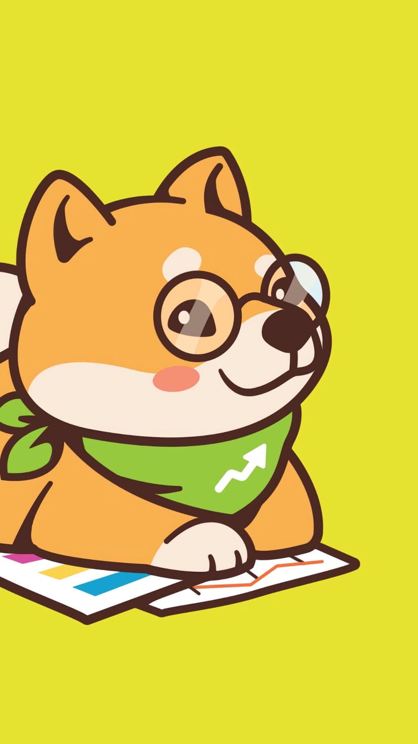 Shiba Inu dog with glasses and a green bandana looks at colorful bar graphs against a bright yellow background.