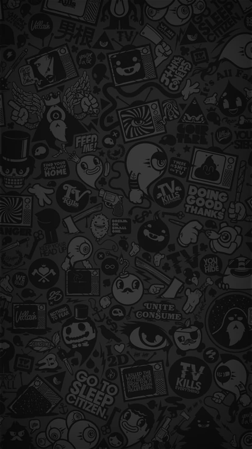 Overlapping monochromatic stickers featuring cartoon skulls, expressive eyes, and urban doodles in a dense collage.